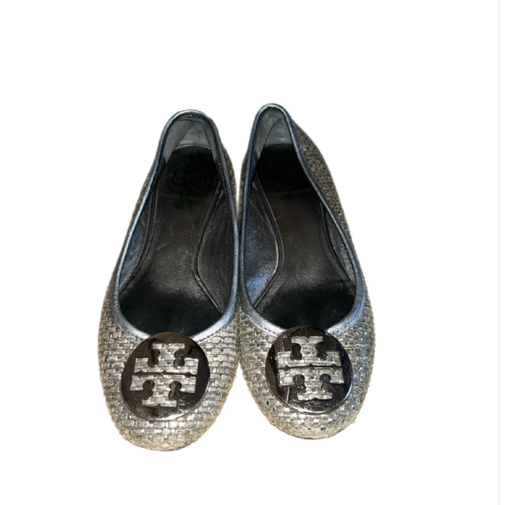 Tory Burch Silver Ballet Flats with Iconic Logo